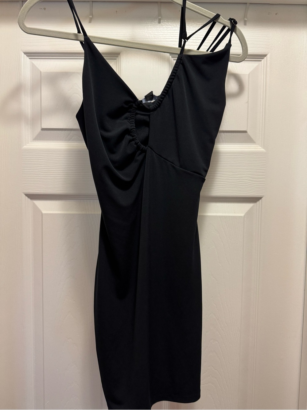 Forever 21 Black Ruched V-Neck Mini Dress with Multi-Strap Detail